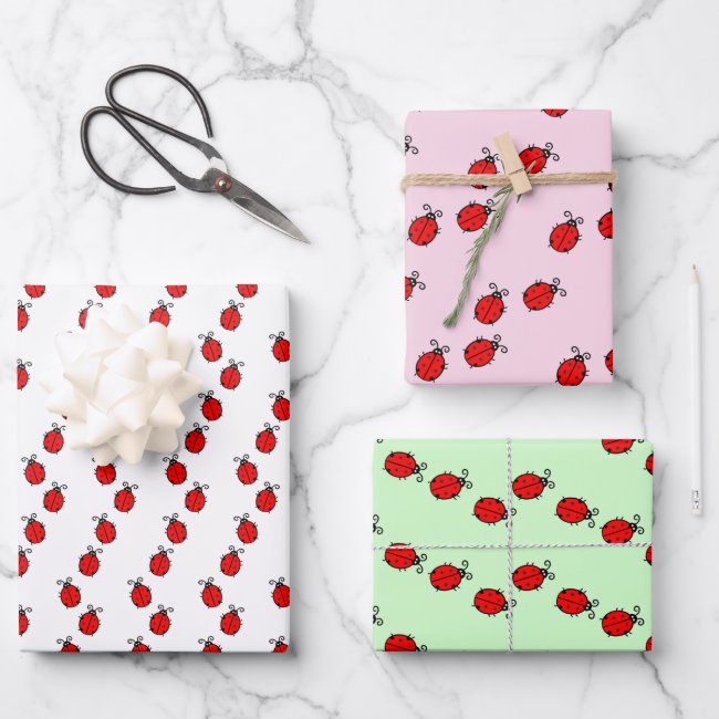 Lines of Ladybugs Design Wrapping Paper Sheets