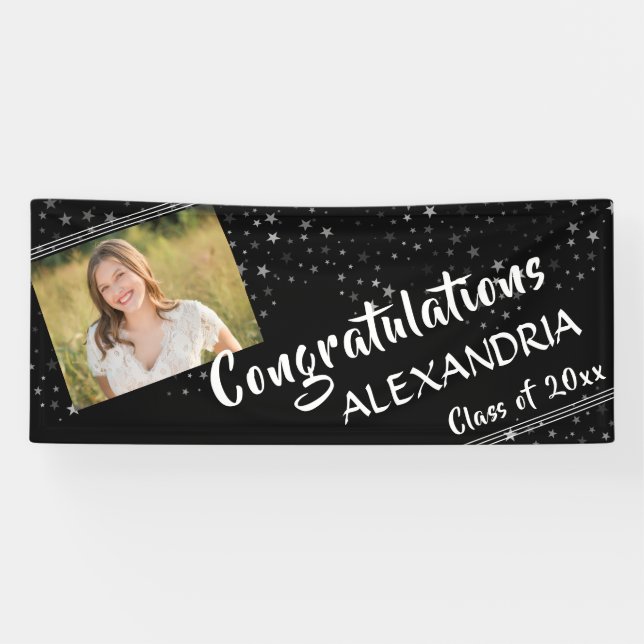 Lines & Stars | Black & White | Photo Graduation Banner (Horizontal)