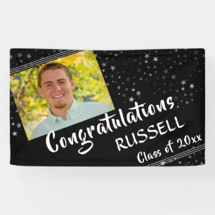 Lines & Stars Editable Black Photo Graduation Banner