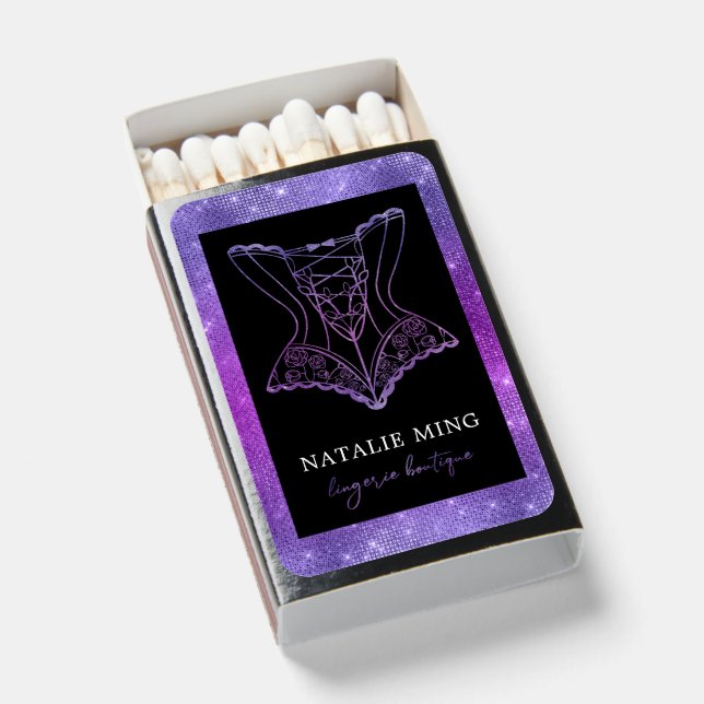 Lingerie Boutique Logo Purple Glitter Business Matchboxes (Front Open)