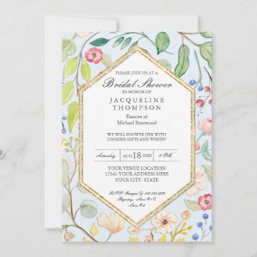 Lingerie Bridal Shower Blue Watercolor Floral Invitation