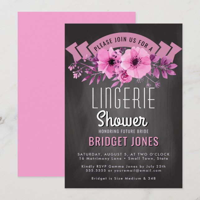 Lingerie Bridal Shower Chalkboard Pink Floral Invitation (Front/Back)