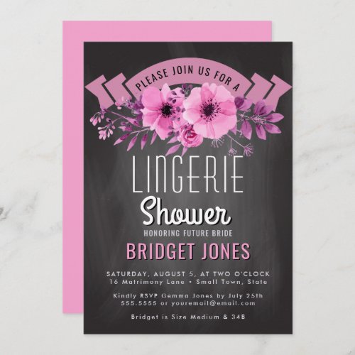 Lingerie Bridal Shower Chalkboard Pink Floral Invitation