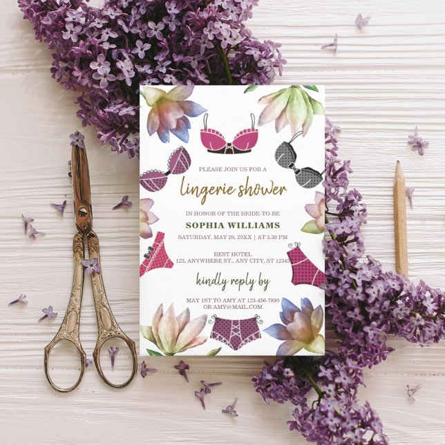 Lingerie Bridal Shower Floral Theme Invitation (“Invite your girls in style — it’s lingerie time)