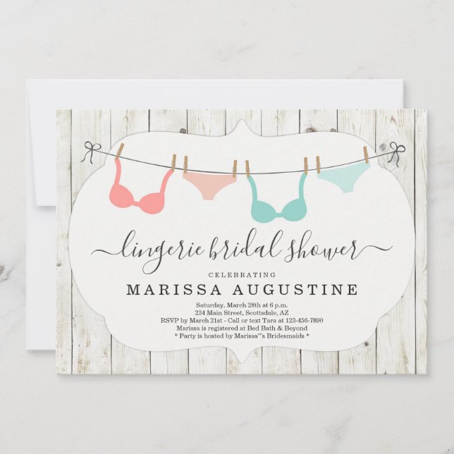 Lingerie Bridal Shower Party - Rustic Clothesline Invitation (Front)