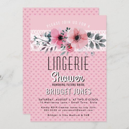 Lingerie Bridal Shower Pink Floral Hearts Lace Invitation