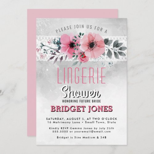 Lingerie Bridal Shower Pink Watercolor Floral Lace Invitation