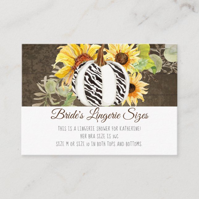 Lingerie Bridal Shower Zebra Pumpkin n Sunflowers Enclosure Card (Front)