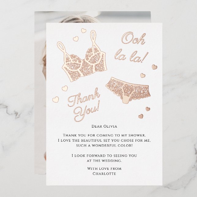 Lingerie Party Bridal Shower Photo Thank You Foil Holiday Card (Front/Back)
