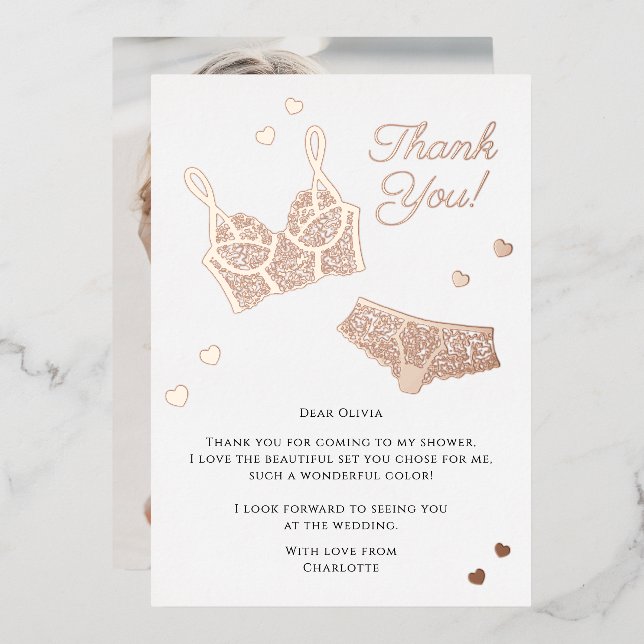 Lingerie Party Bridal Shower Photo Thank You Foil Holiday Card (Front/Back)