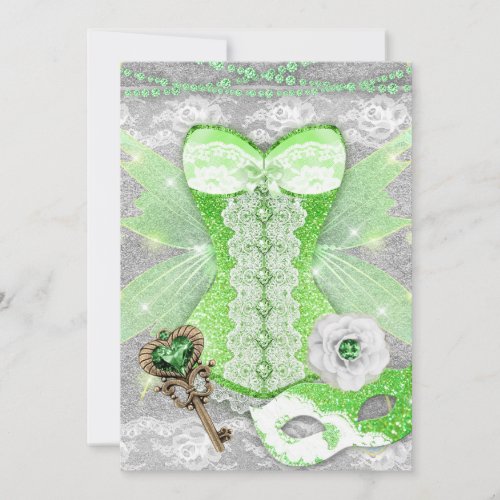 Lingerie Party GREEN Key Corset Mask Silver Invitation