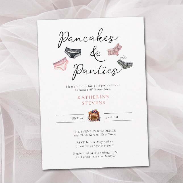 Lingerie Party Pancakes Panties Bridal Shower Invitation (panties pancakes lingerie shower bridal underwear pink black watercolor sweet sexy classy chic)