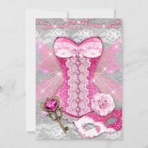 Lingerie Party PINK Key Corset Mask Silver Invitation