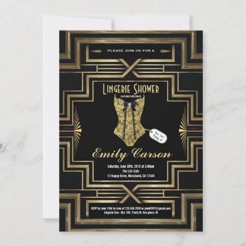 Lingerie shower black and gold art deco party invitation