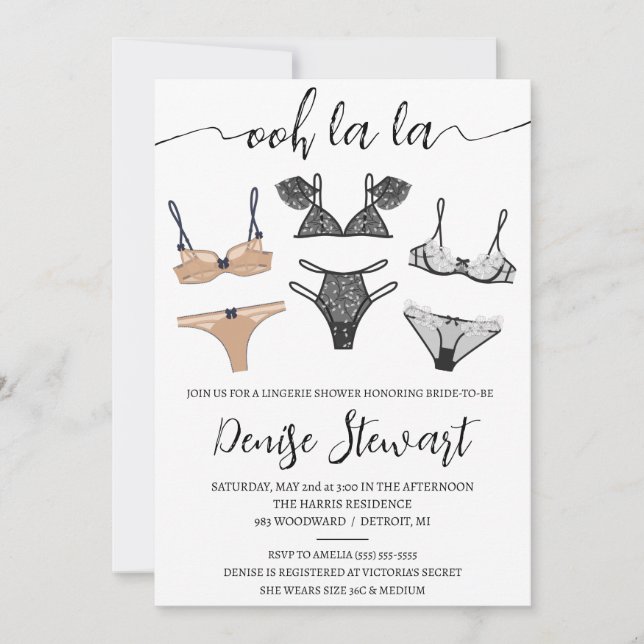 Lingerie Shower, Black, Tan, Blue, Bridal Shower Invitation (Front)