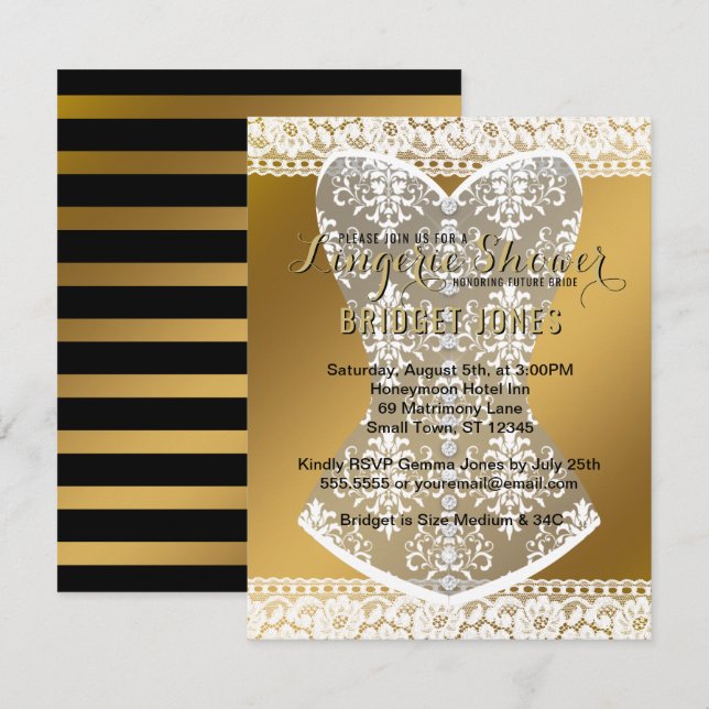 Lingerie Shower Bridal Bachelorette Party Gold Invitation (Front/Back)