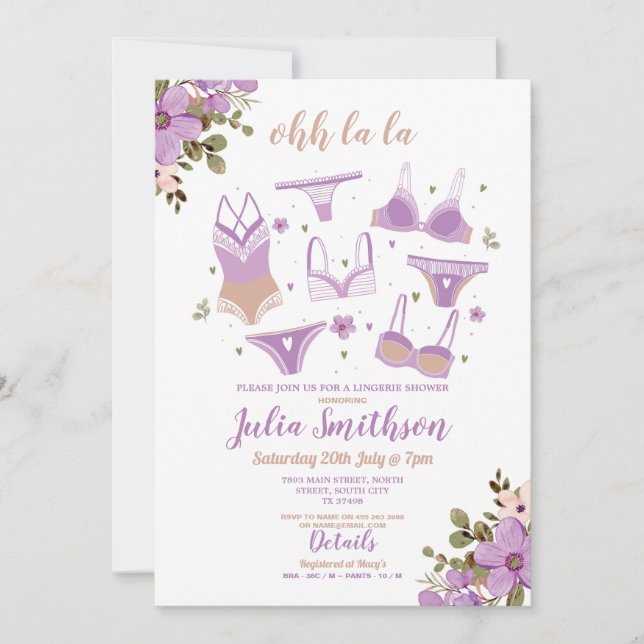 Lingerie Shower Bridal Party Floral Feminine Lilac Invitation (Front)