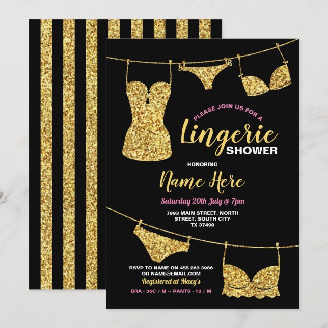 Lingerie Shower Bridal Party Gold Glitter Pink Invitation (Front/Back)