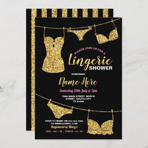 Lingerie Shower Bridal Party Gold Glitter Pink Invitation