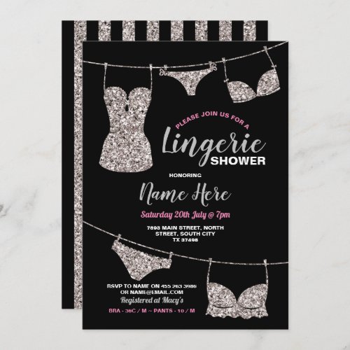 Lingerie Shower Bridal Party Silver Glitter Pink Invitation