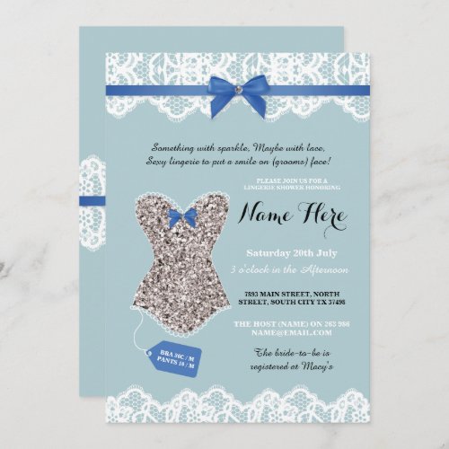 Lingerie Shower Bridal Silver Blue Glitter Invite