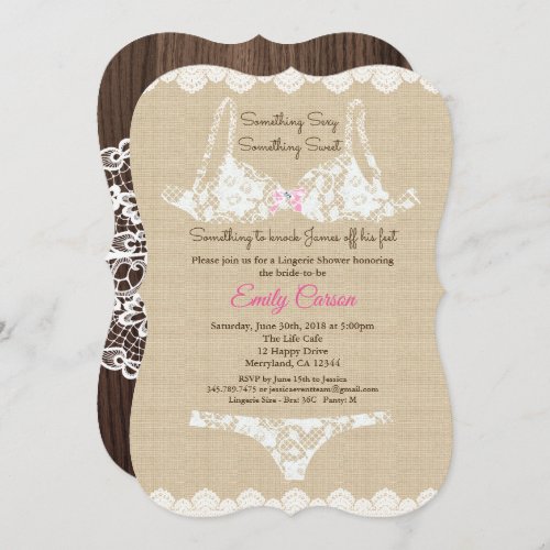 Lingerie shower burlap lace invitation rustic wood