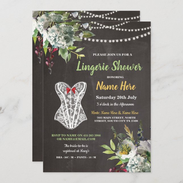Lingerie Shower Chalk Corset Flowers Invite (Front/Back)