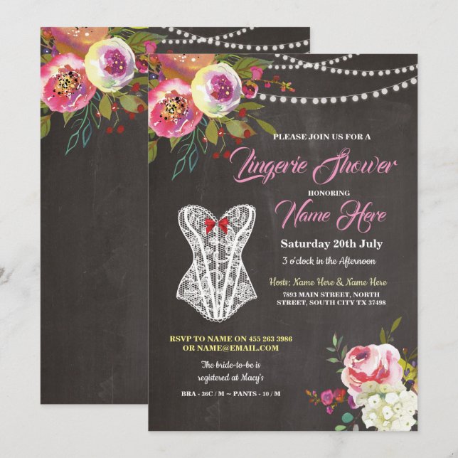 Lingerie Shower Chalk Corset Flowers Invite Pink (Front/Back)