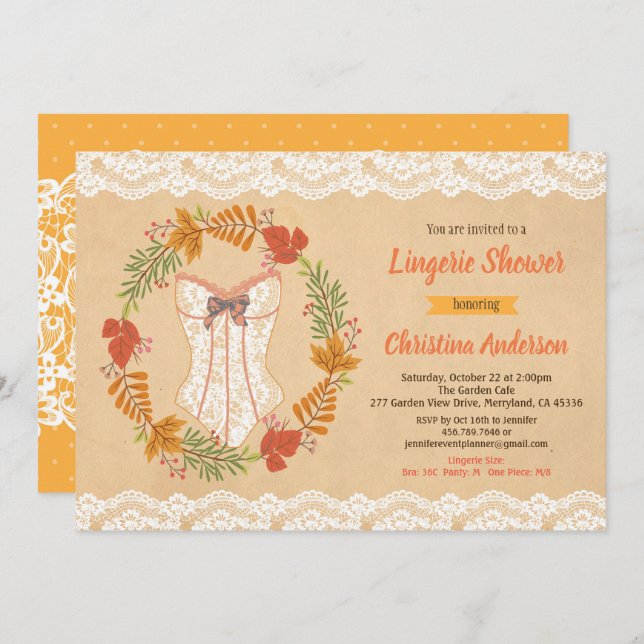 Lingerie shower invitation autumn fall rustic (Front/Back)