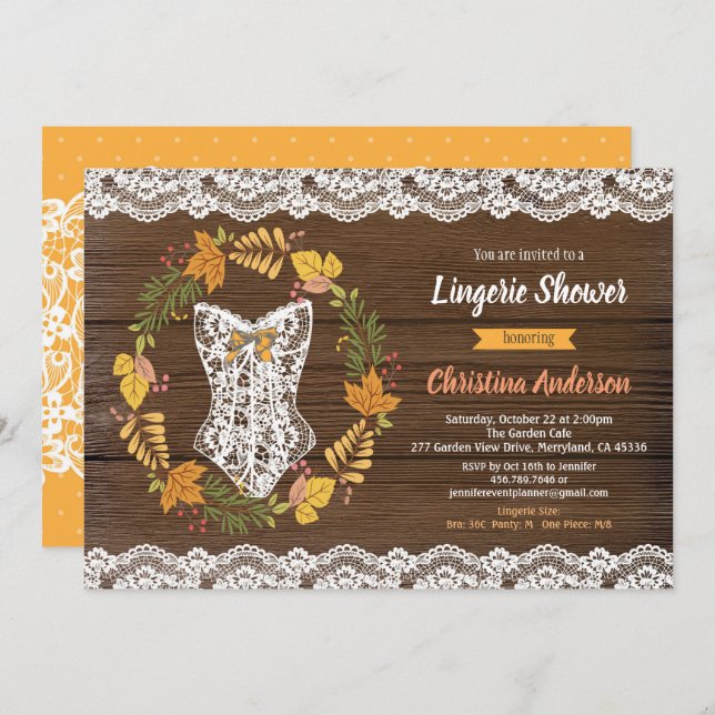 Lingerie shower invitation autumn fall wreath (Front/Back)