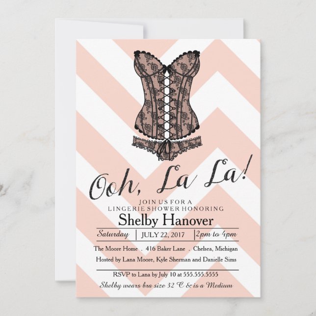 Lingerie Shower, ooh la | pink chevron black lace Invitation (Front)