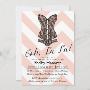 Lingerie Shower, ooh la pink chevron black lace Invitation