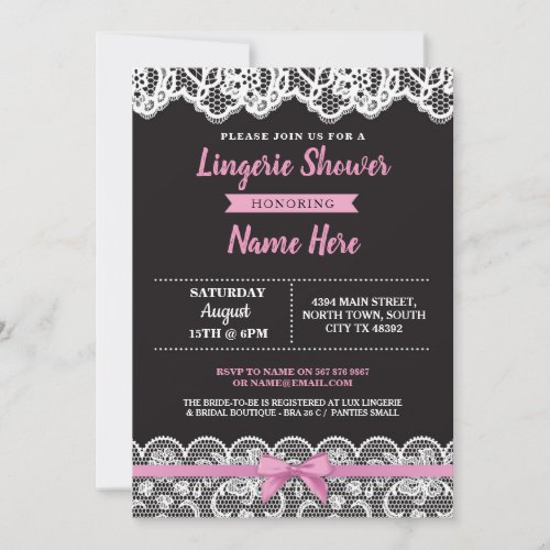 Lingerie Shower Pink Black Lace Bow Invitation