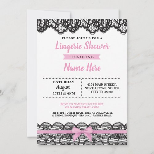 Lingerie Shower Pink Bow Invitation Black Lace