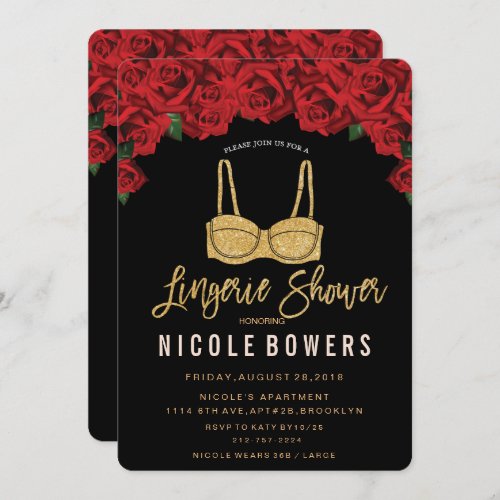 Lingerie Shower Red Roses Glitter Invitation