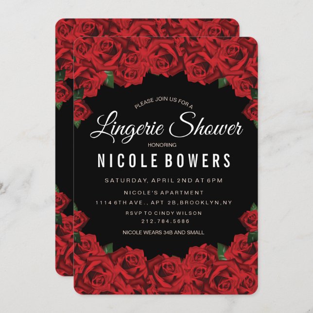 Lingerie Shower Romantic Red Roses Invitation (Front/Back)