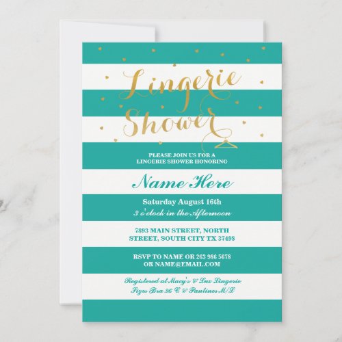 Lingerie Shower Stripe Teal Gold Party Invite