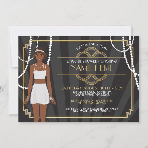 Lingerie Shower Twenties 20s Pearls Gold Invite