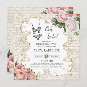 Lingerie Shower Vintage French Roses Antique Frame Invitation