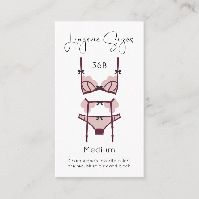 Lingerie Size Card Modern Bridal Shower Insert (Front)