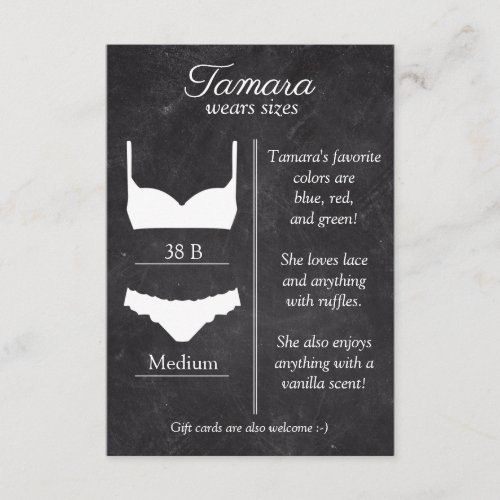 Lingerie Size Chalkboard Insert Card