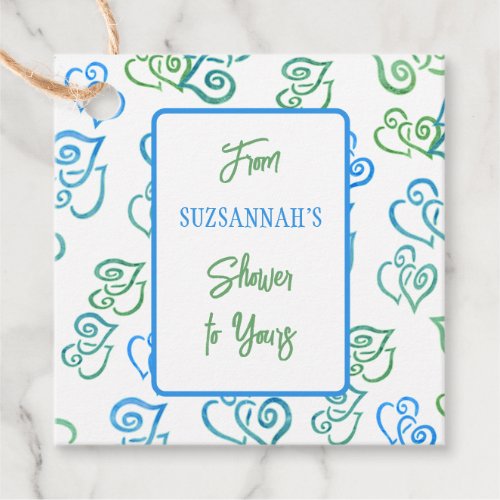 Linked Green  Blue Heart Pattern Over White Party Favor Tags