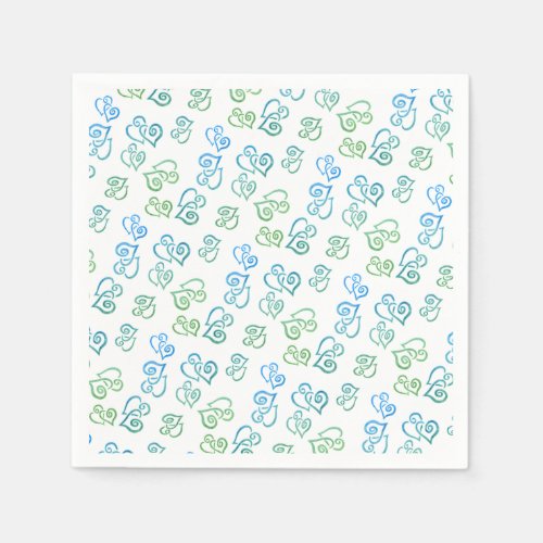 Linked Green Blue Hearts Pattern Over White Party Napkins