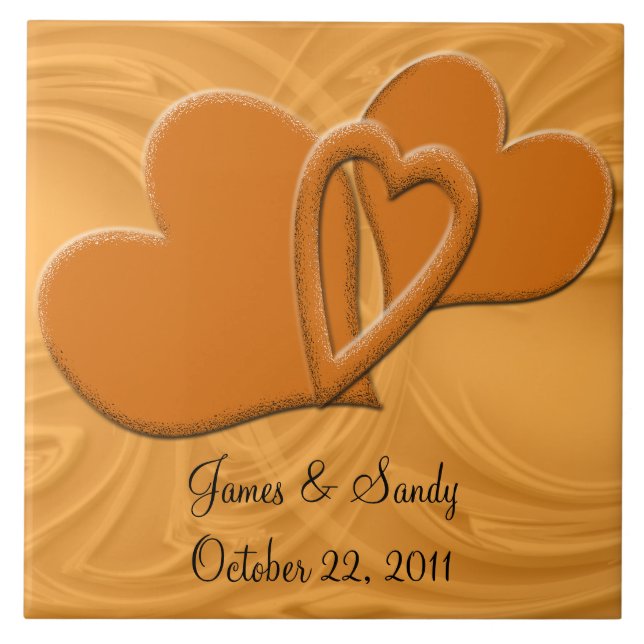 Linked Orange Heart Connection Personalized Ceramic Tile (Front)