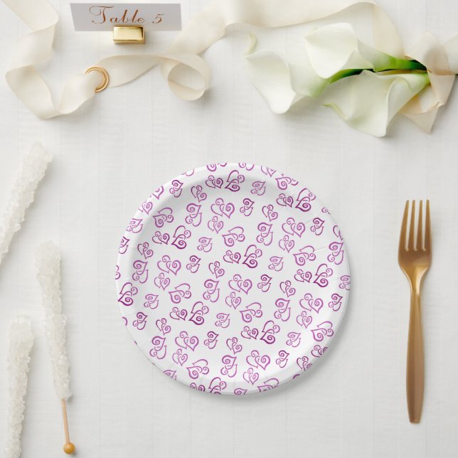Linked Pink Hearts Pattern Over White Napkins Paper Plates (Wedding)