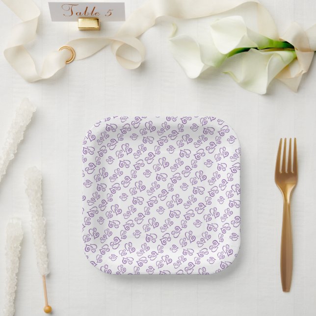 Linked Purple Heart Pattern Over White Napkins Paper Plates (Wedding)