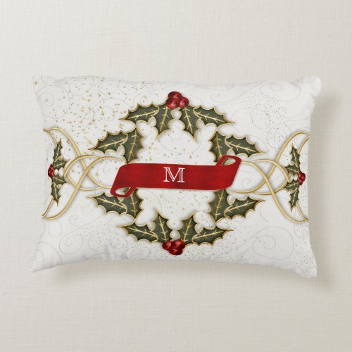 Links of Holly and Berries with Monogram Decorative Pillow