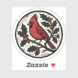 Linocut Cardinal and Holly Woodcut Sticker