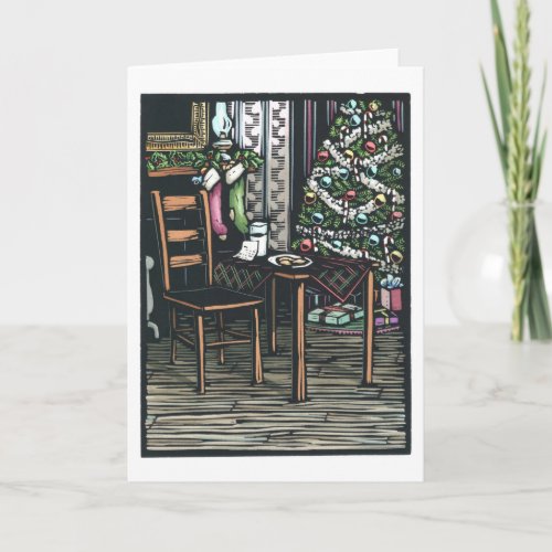 Linocut  Christmas Tree and Santa Note ByKen Swan Holiday Card