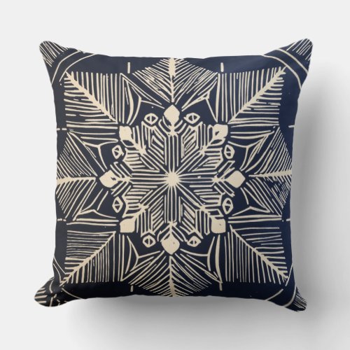linocut design of a snowflake simple clean lines throw pillow